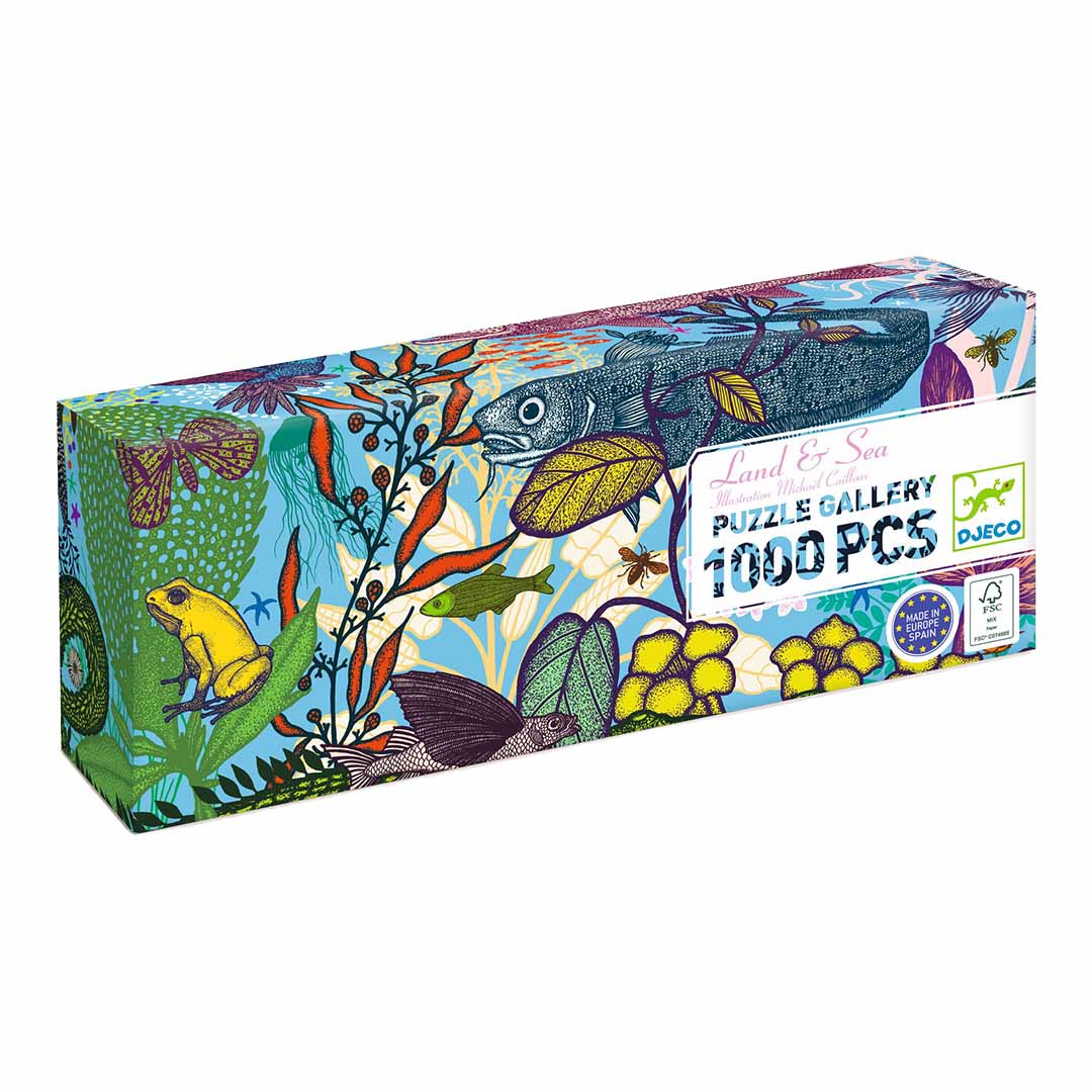 Djeco legpuzzel Land & Sea van 1000 stukjes, met een kleurrijke illustratie van dieren en planten, op de verpakking.