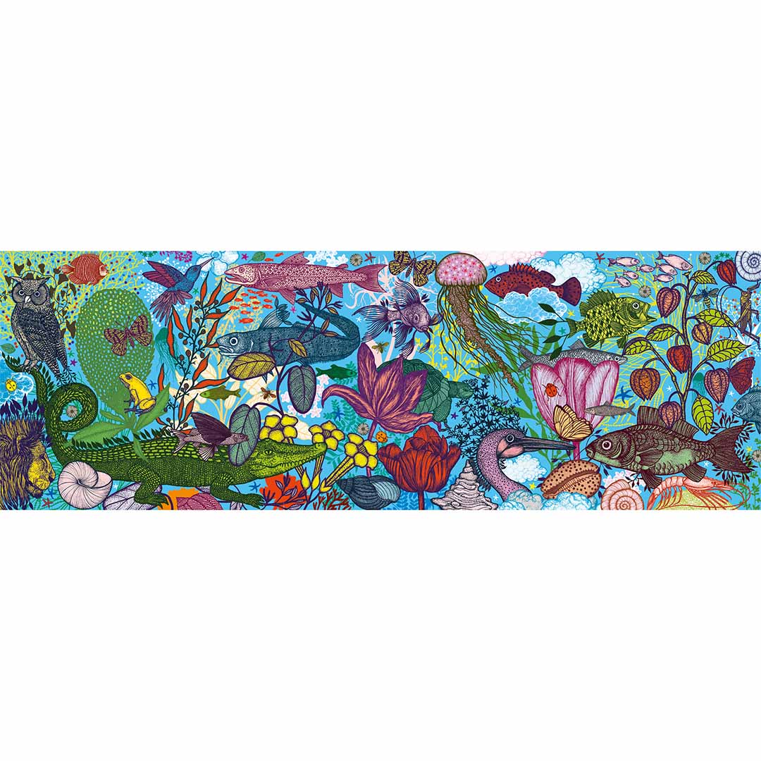 De complete Djeco legpuzzel Land & Sea van 1000 stukjes, met een gedetailleerde illustratie van diverse land- en zeedieren en planten.