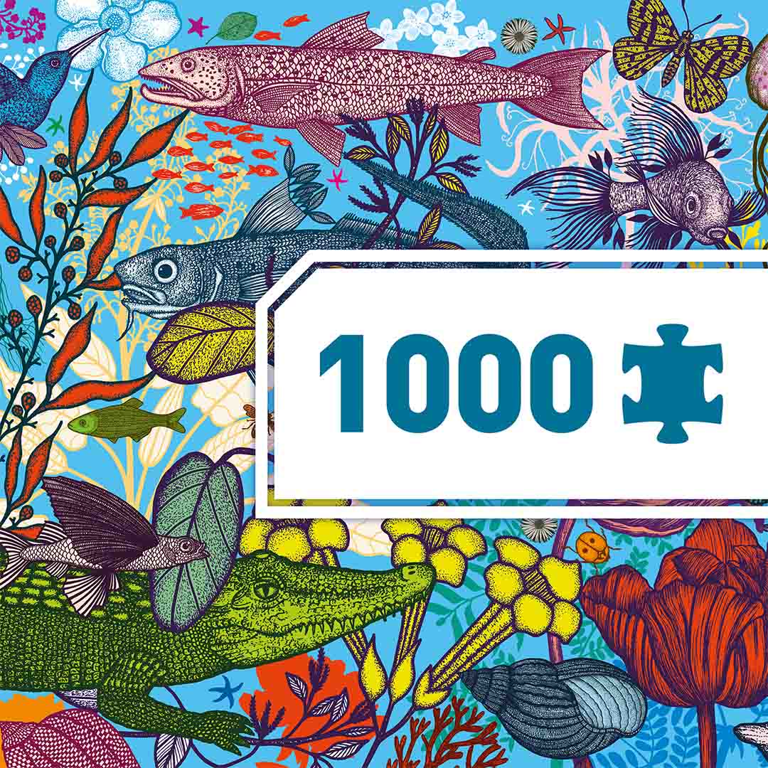 Een deel van de legpuzzel Land & Sea met een witte overlay die het aantal van 1000 stukjes aangeeft.