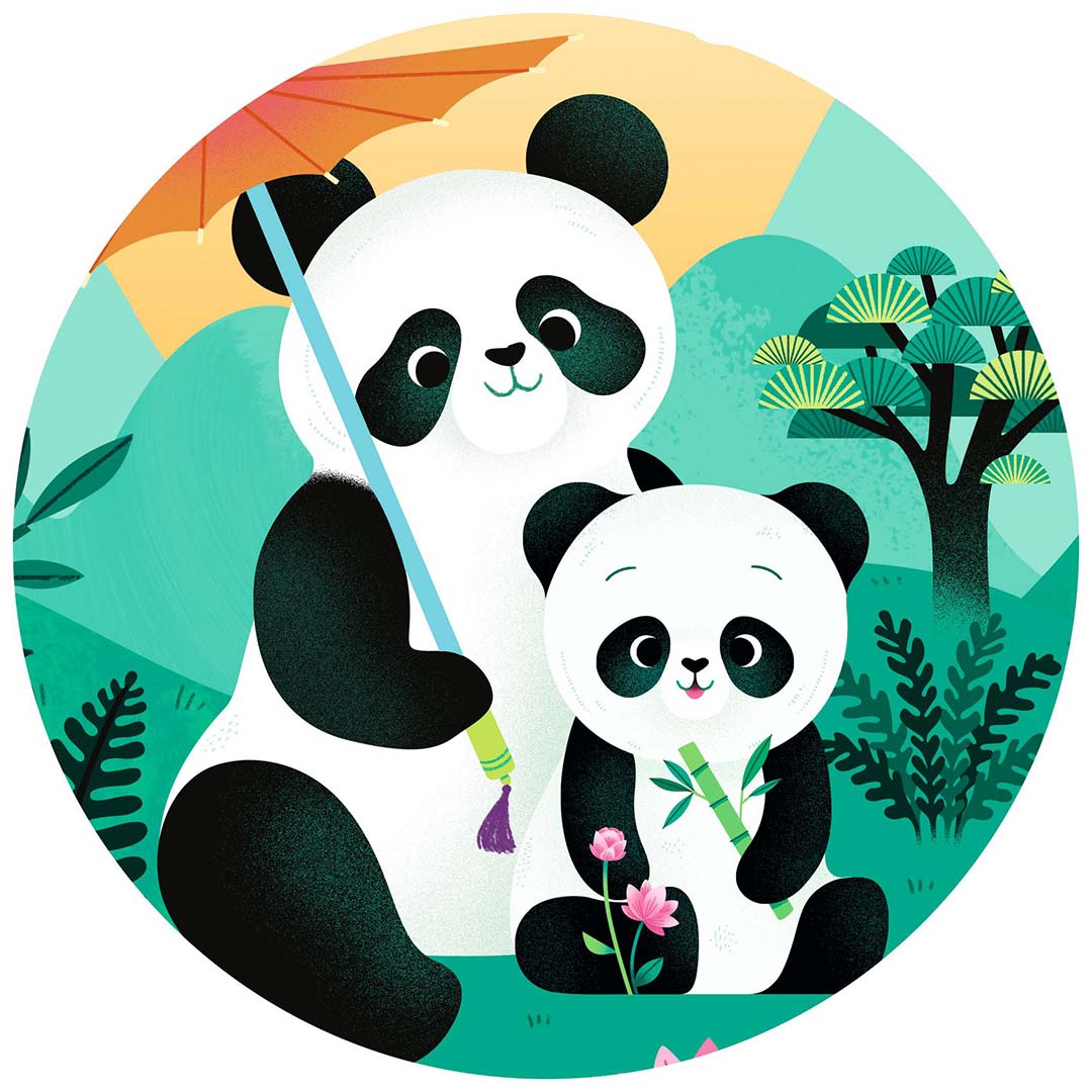 Detail van de puzzelafbeelding met een grote en kleine panda, de grote met een parasol en de kleine met bamboe.