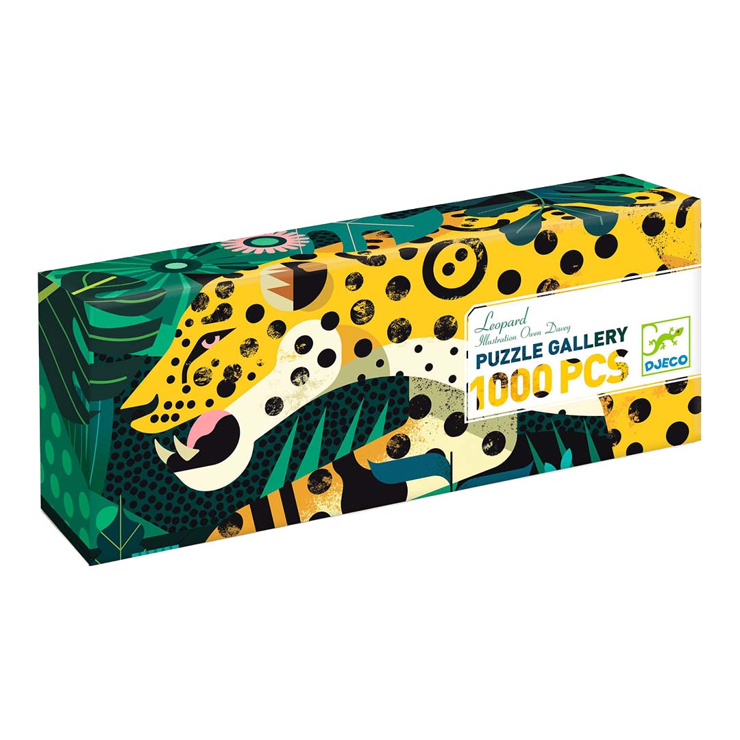 Djeco legpuzzelverpakking met een luipaardkop en junglebladeren.