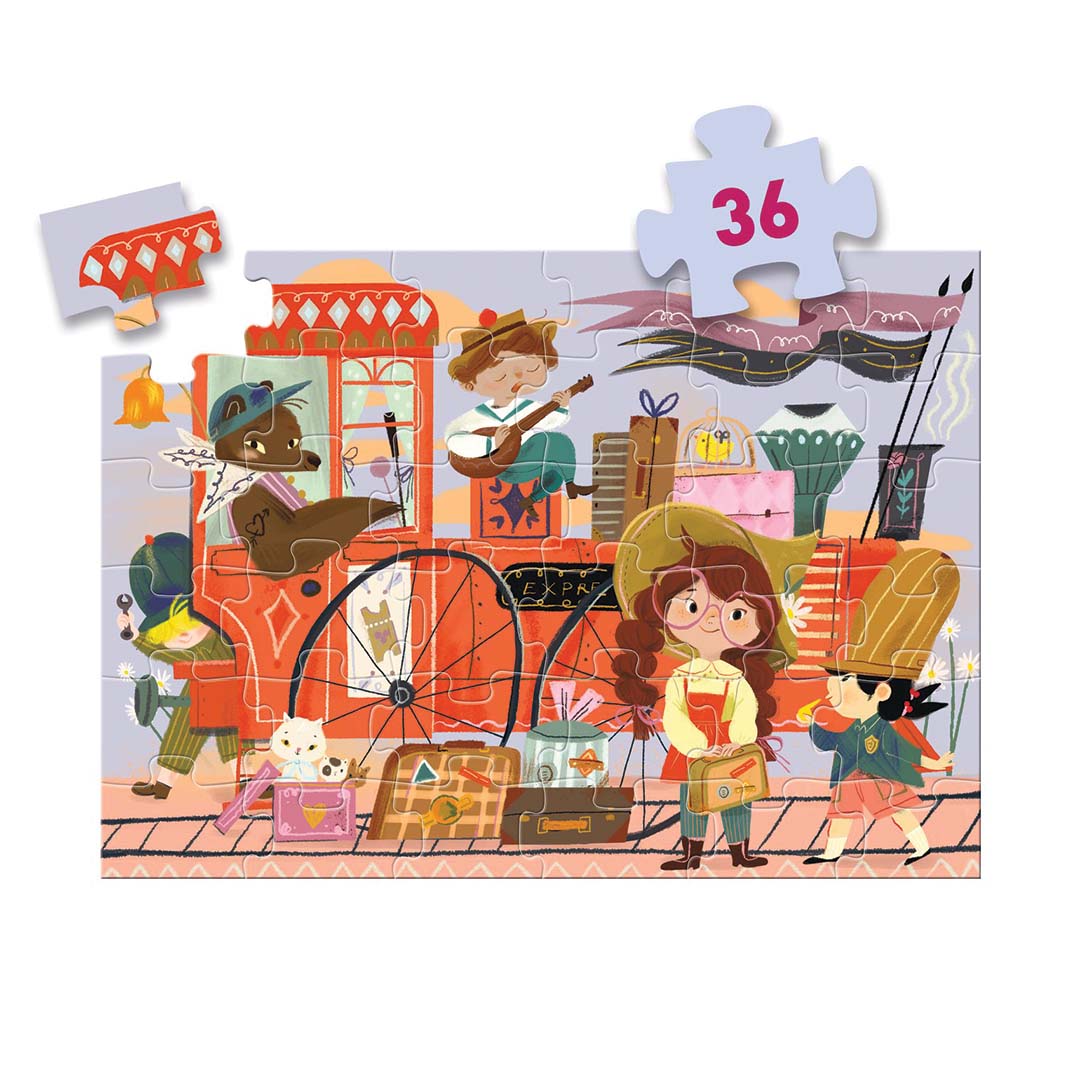 Djeco kinderpuzzel van 36 stukjes met een treinreis vol kinderen en bagage, met één los stukje.