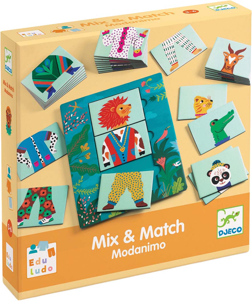 Djeco Mix & Match Modanimo kartonnen puzzelverpakking met voorbeelden van dierenfiguren in verschillende outfits.