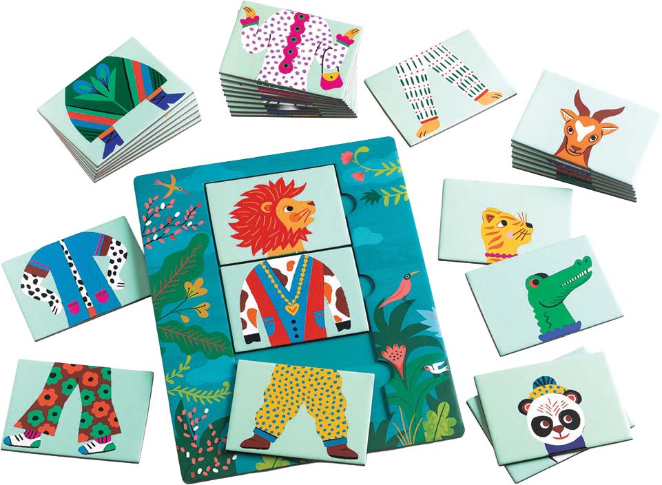 Djeco Mix & Match Modanimo kartonnen puzzel met een leeuwfiguur samengesteld op een speelbord en losse puzzelstukken met dierenhoofden en kleding.