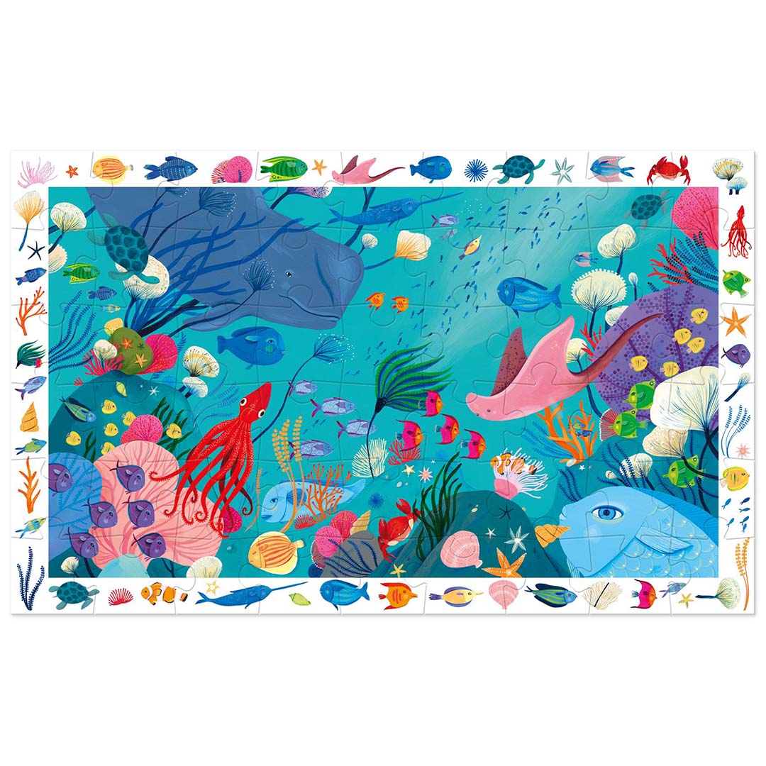 Volledige legpuzzel met een kleurrijke aquatische onderwaterwereld vol vissen, koraal en andere zeedieren.
