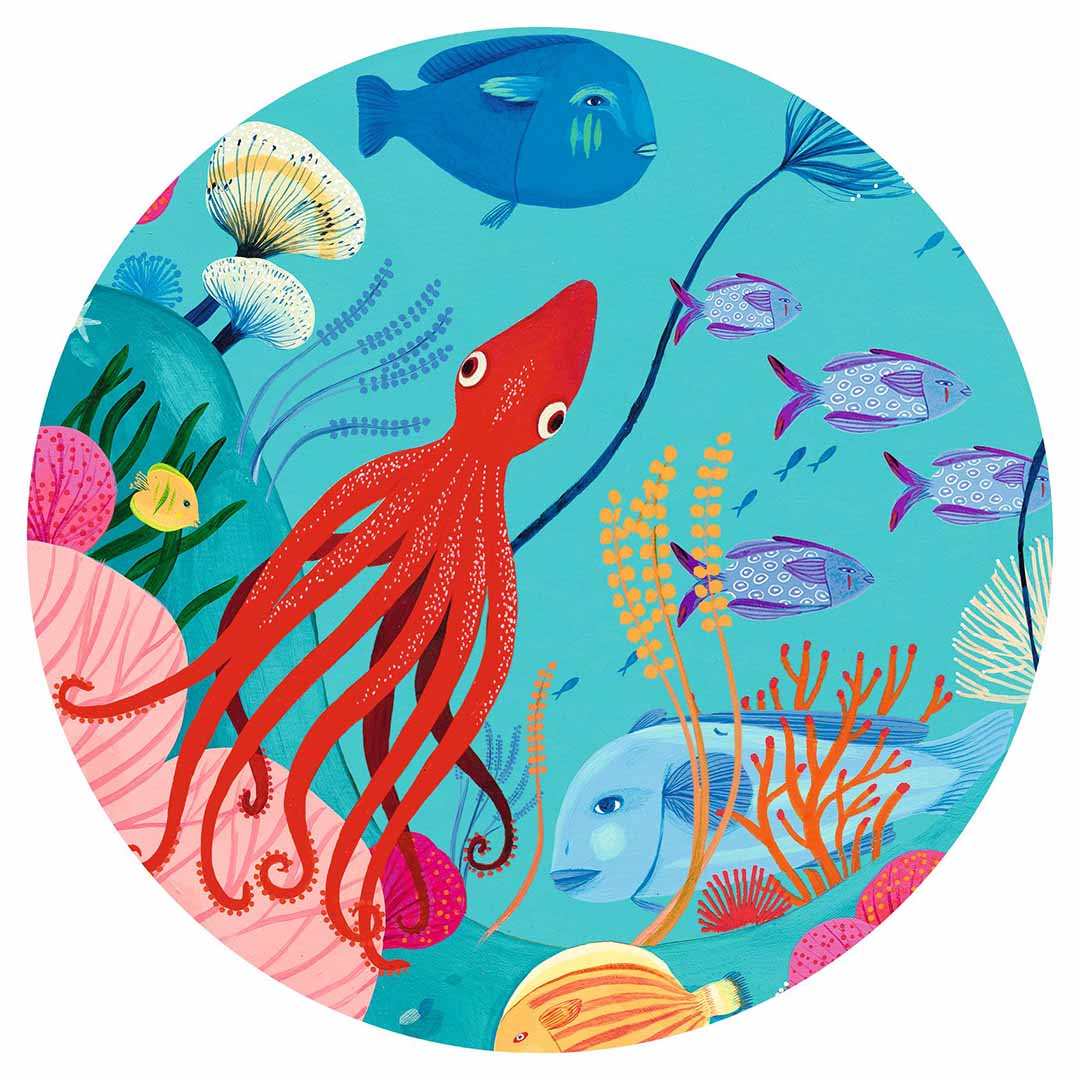 Detail van de puzzelillustratie met een rode octopus, blauwe vissen en koraal in een onderwateromgeving.