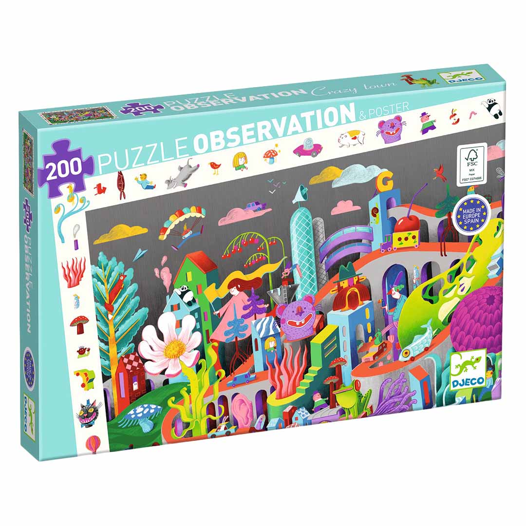 Djeco puzzel Observation Crazy Town verpakking met een kleurrijke droomwereld illustratie.