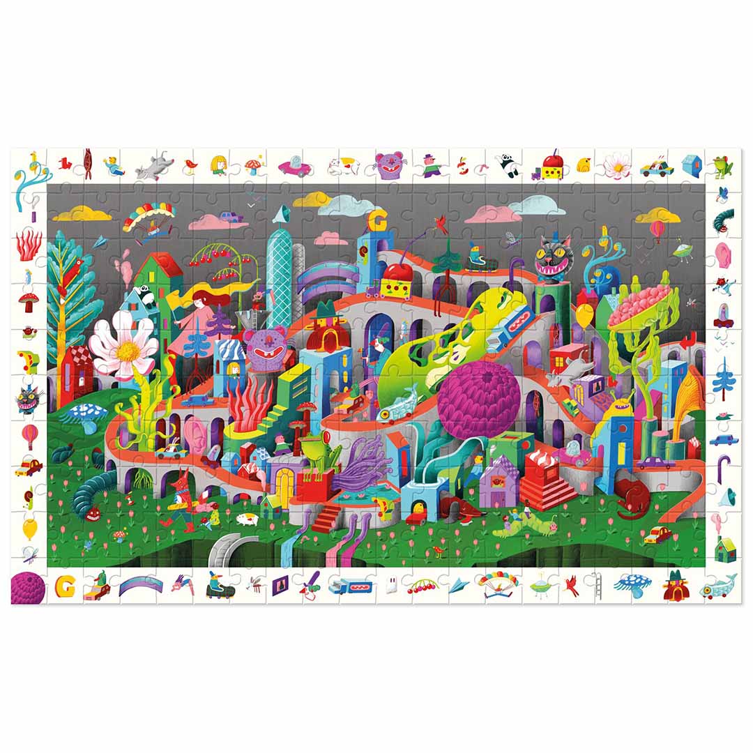 Djeco legpuzzel Observation Crazy Town compleet gelegd, met een gedetailleerde droomwereld vol figuren en een observatierand.