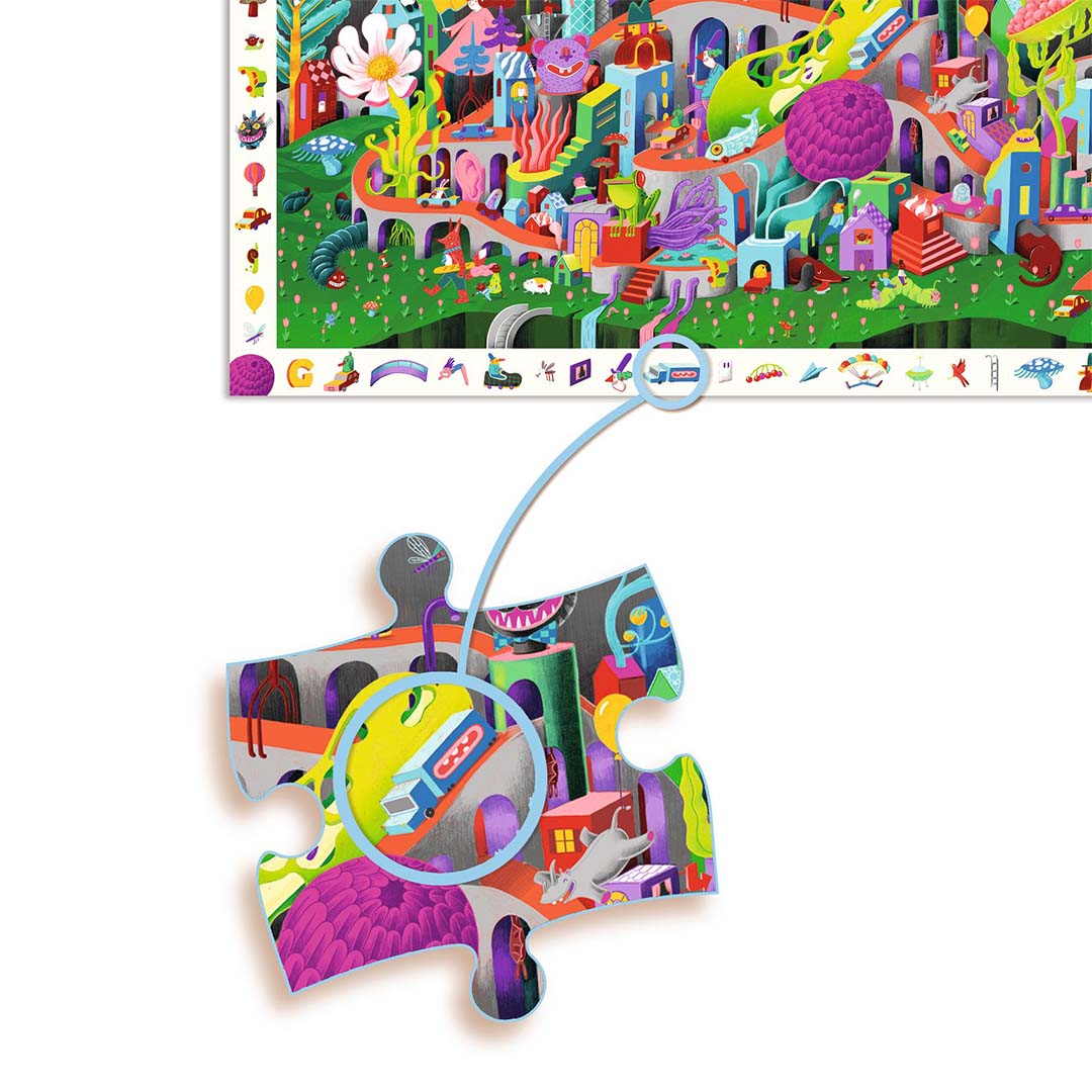 Close-up van een Djeco puzzelstukje van de Crazy Town puzzel, met een vergroot detail van een muis in de stad.
