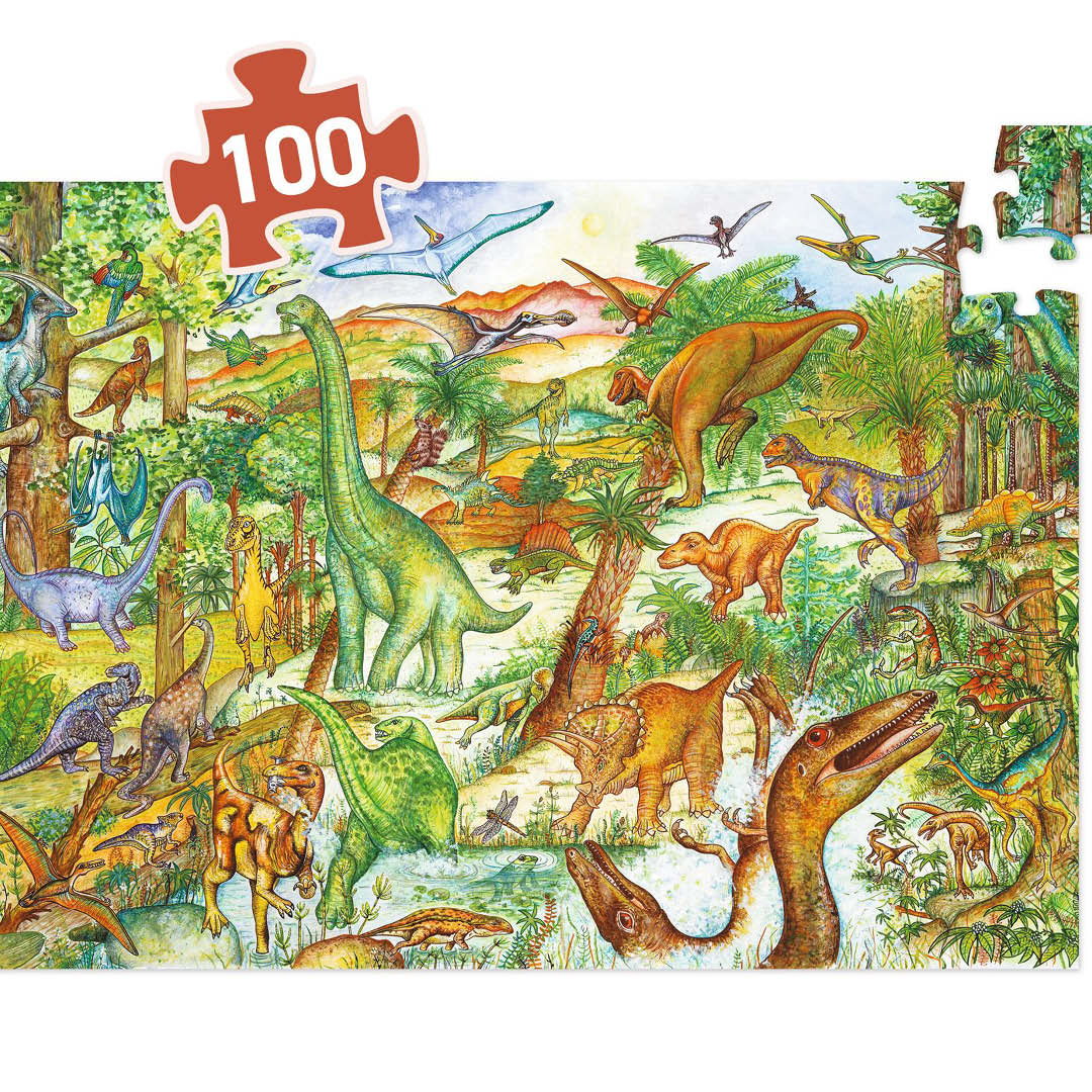 Detail van de Djeco legpuzzel met dinosaurussen, met een rode puzzelstuk-overlay die '100' aangeeft.