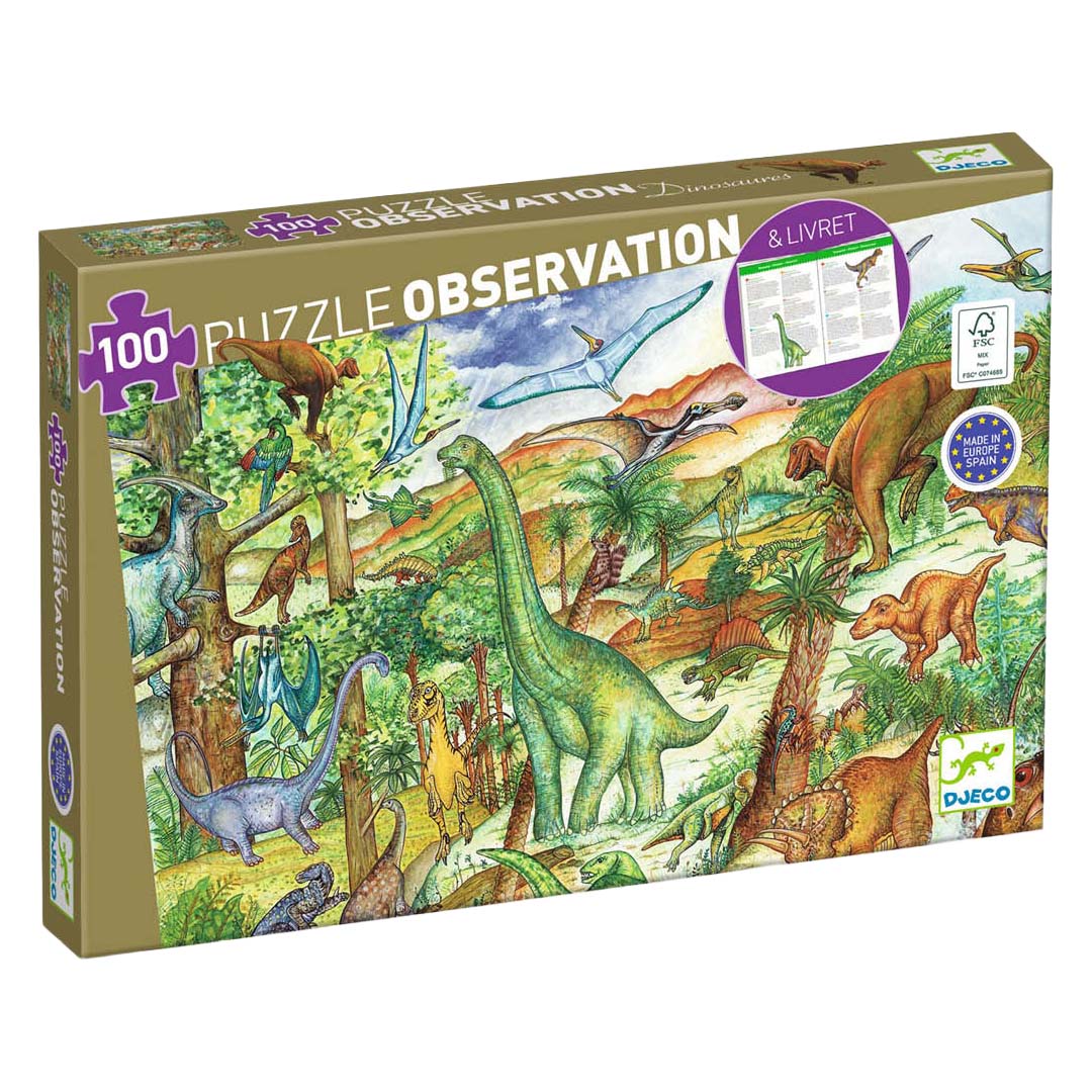 Djeco puzzelverpakking met een illustratie van dinosaurussen in een prehistorisch landschap.