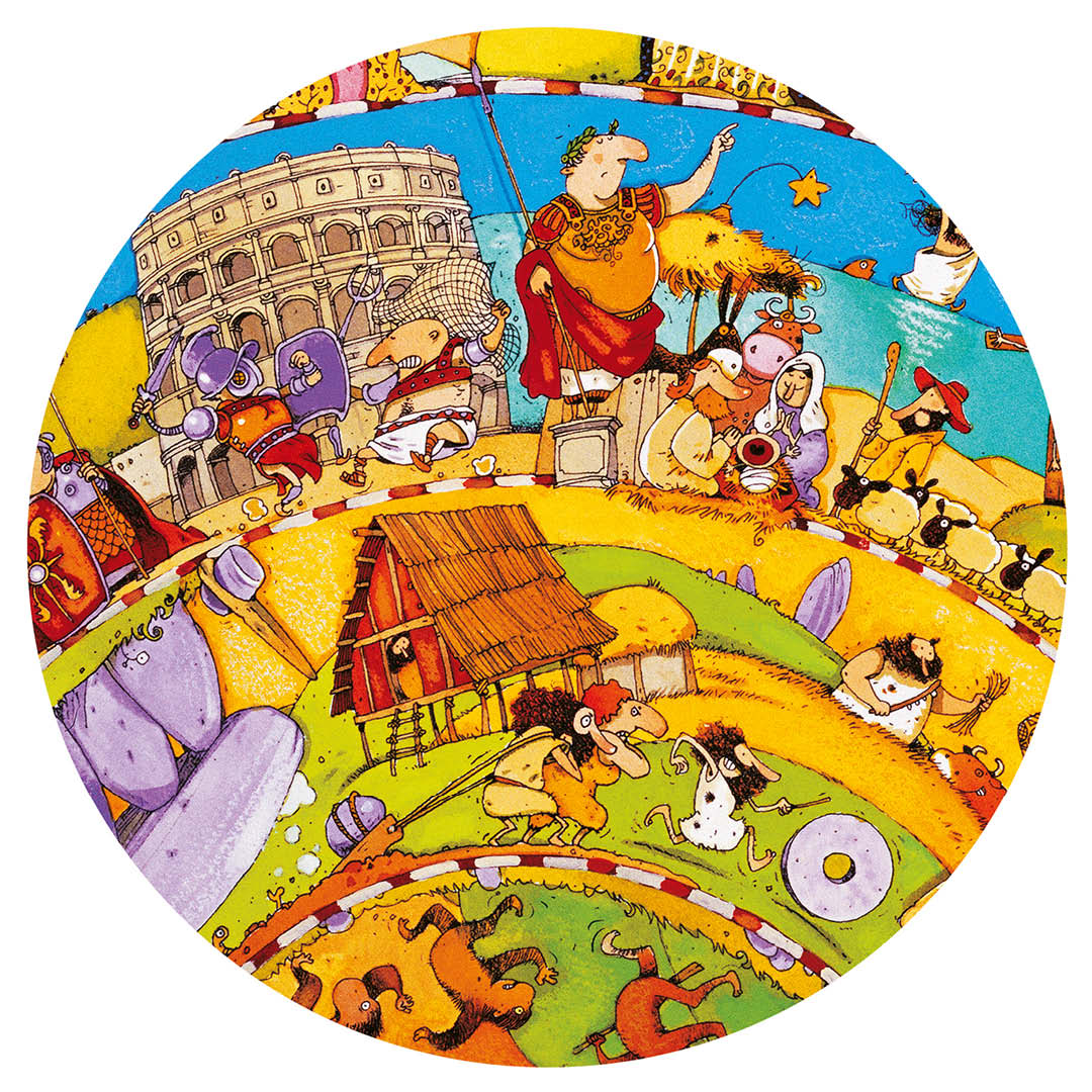 Detail van de Djeco legpuzzel met een Romeinse keizer, het Colosseum en andere historische figuren.