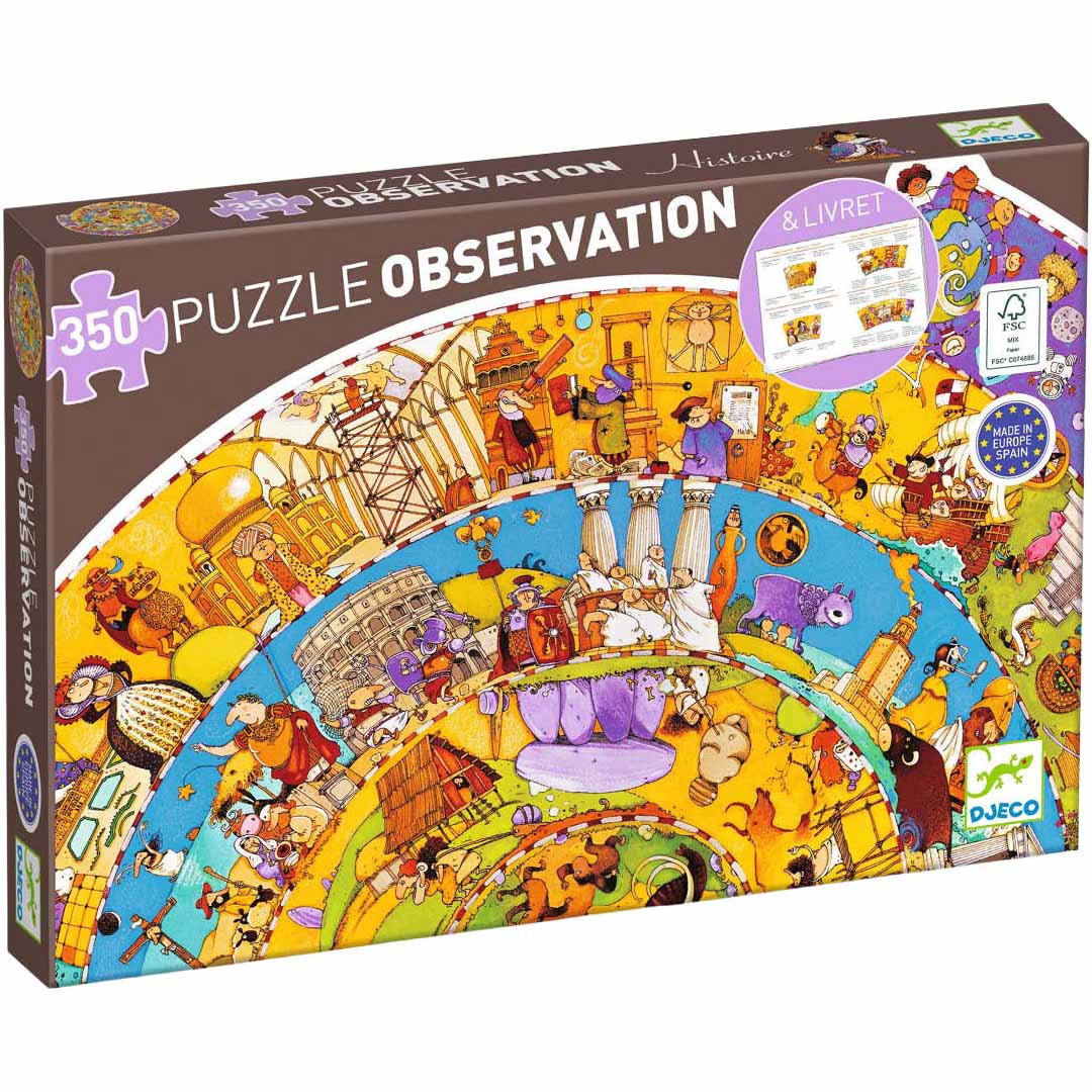 De verpakking van de Djeco 350-delige observatie legpuzzel met historische figuren en scènes.