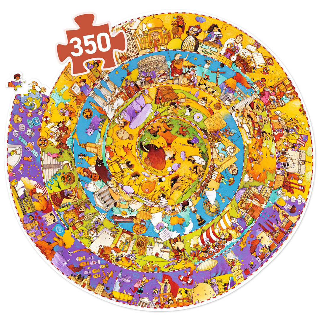Djeco ronde legpuzzel met een spiraal van kleurrijke historische figuren en scènes, met een groot rood '350' puzzelstukje erop.