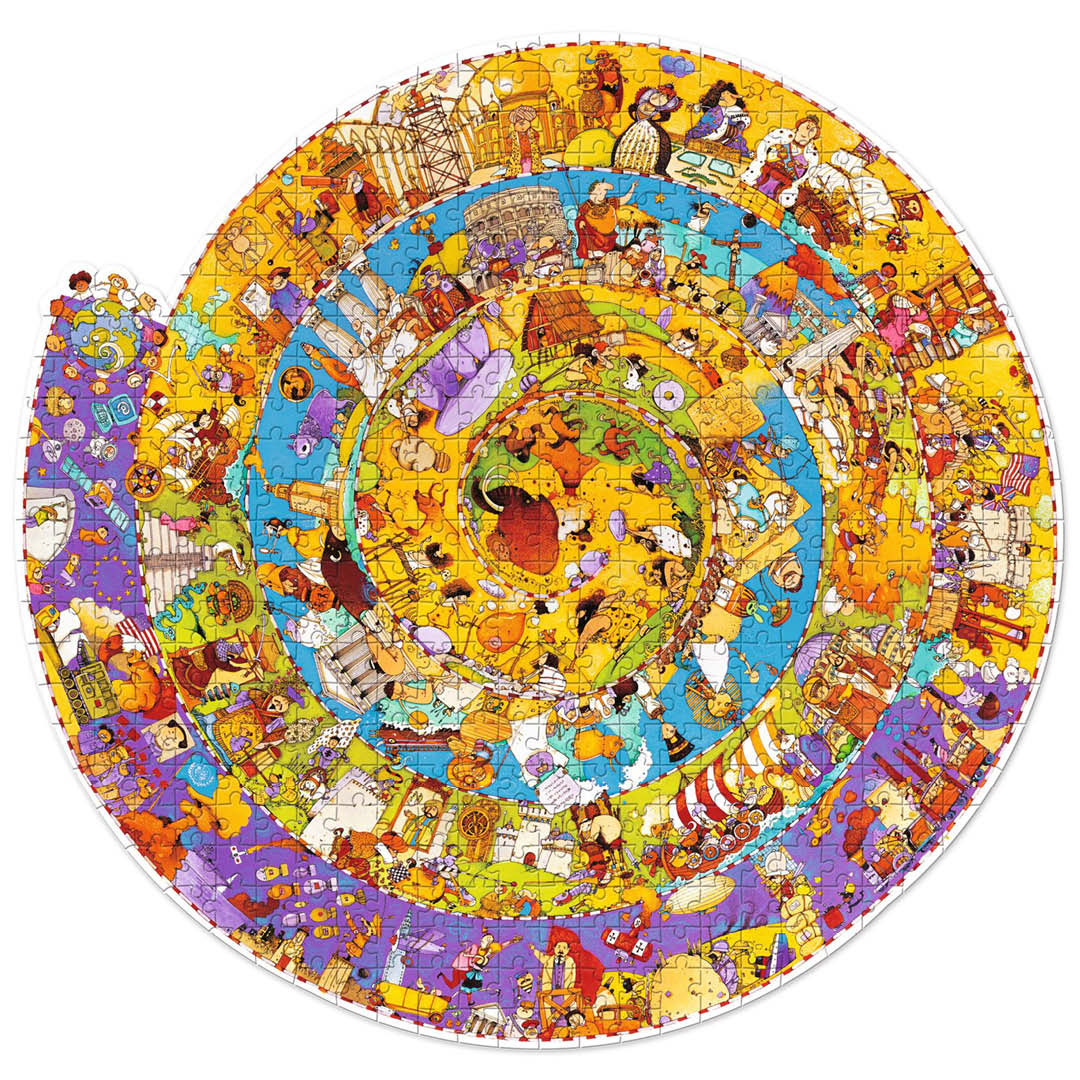 Djeco ronde legpuzzel met een spiraal van kleurrijke historische figuren en scènes, met één ontbrekend puzzelstukje.