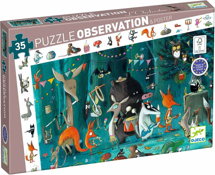 Djeco legpuzzel 'Het Dierenorkest' met 35 stukjes, afgebeeld op de verpakking.
