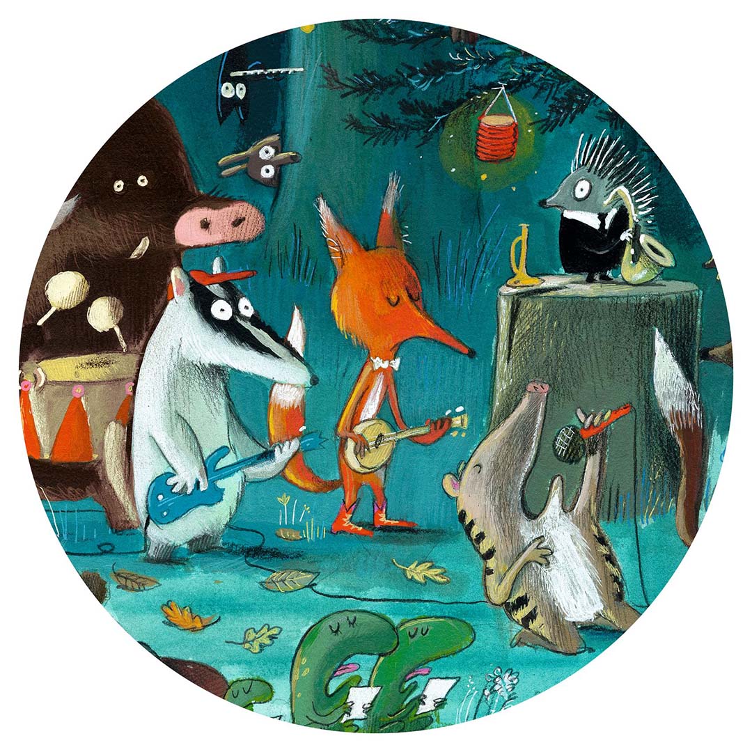 Detail van de legpuzzel met een das op gitaar, een vos op ukelele en een egel op saxofoon.