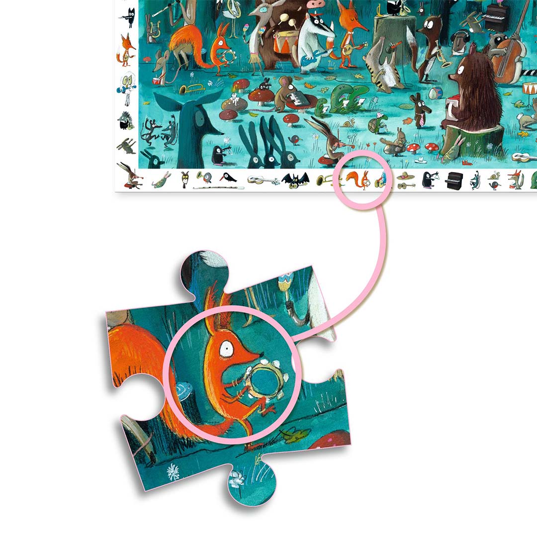 Demonstratie van een legpuzzelstukje met een vos met tamboerijn, passend in de complete puzzel.