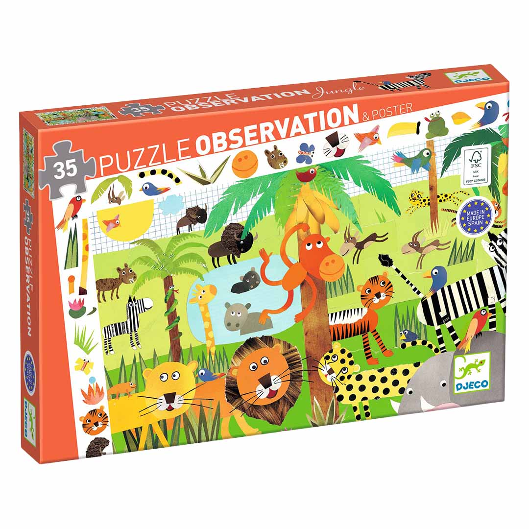 Djeco puzzel observation jungle verpakking met een kleurrijke illustratie van jungle dieren.
