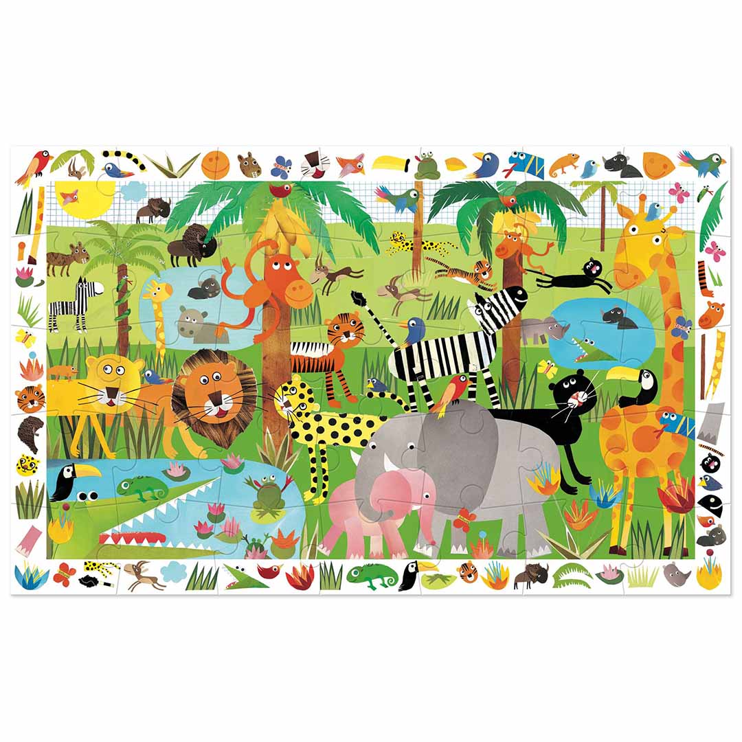 De complete Djeco legpuzzel observation jungle met een kleurrijke illustratie van diverse jungle dieren.