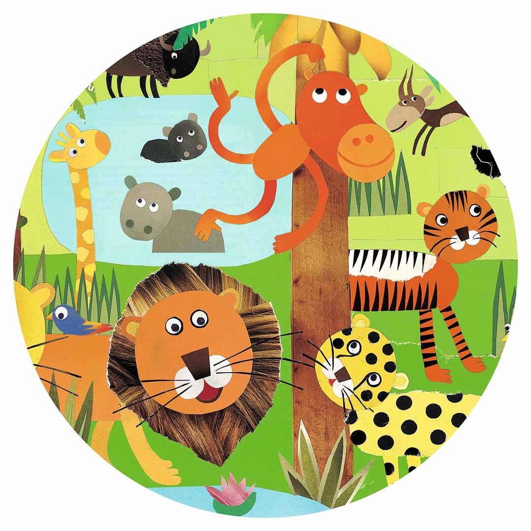 Detail van de Djeco puzzel met een aap, leeuw, tijger en andere jungle dieren in een cirkelvormige uitsnede.