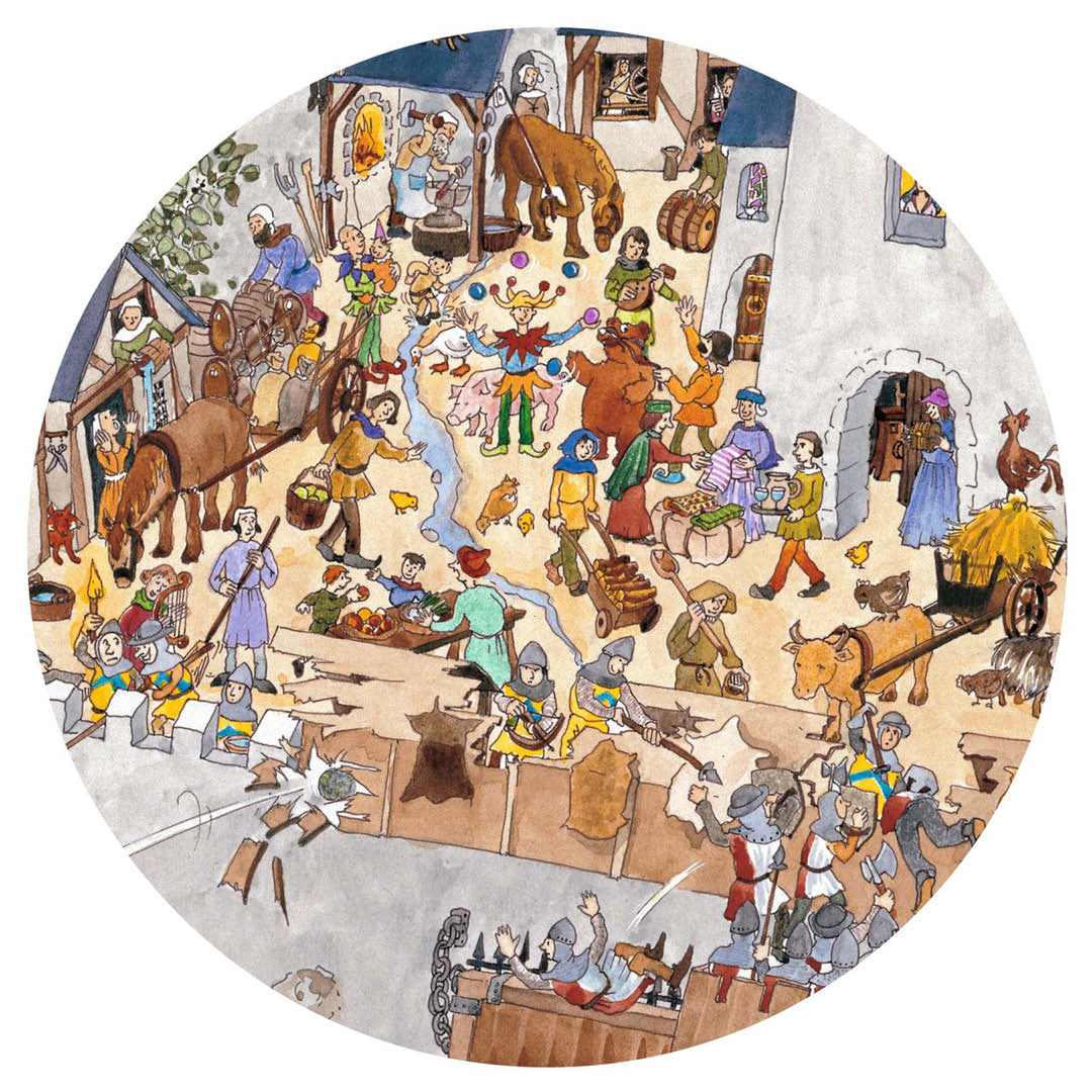 Detailopname van een deel van de puzzel met middeleeuwse figuren en activiteiten in en rond een kasteel.