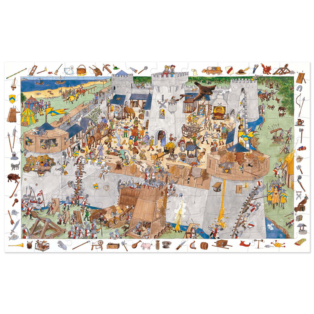 De complete Djeco observatiepuzzel van 100 stukjes met een gedetailleerde middeleeuwse kasteelscène.