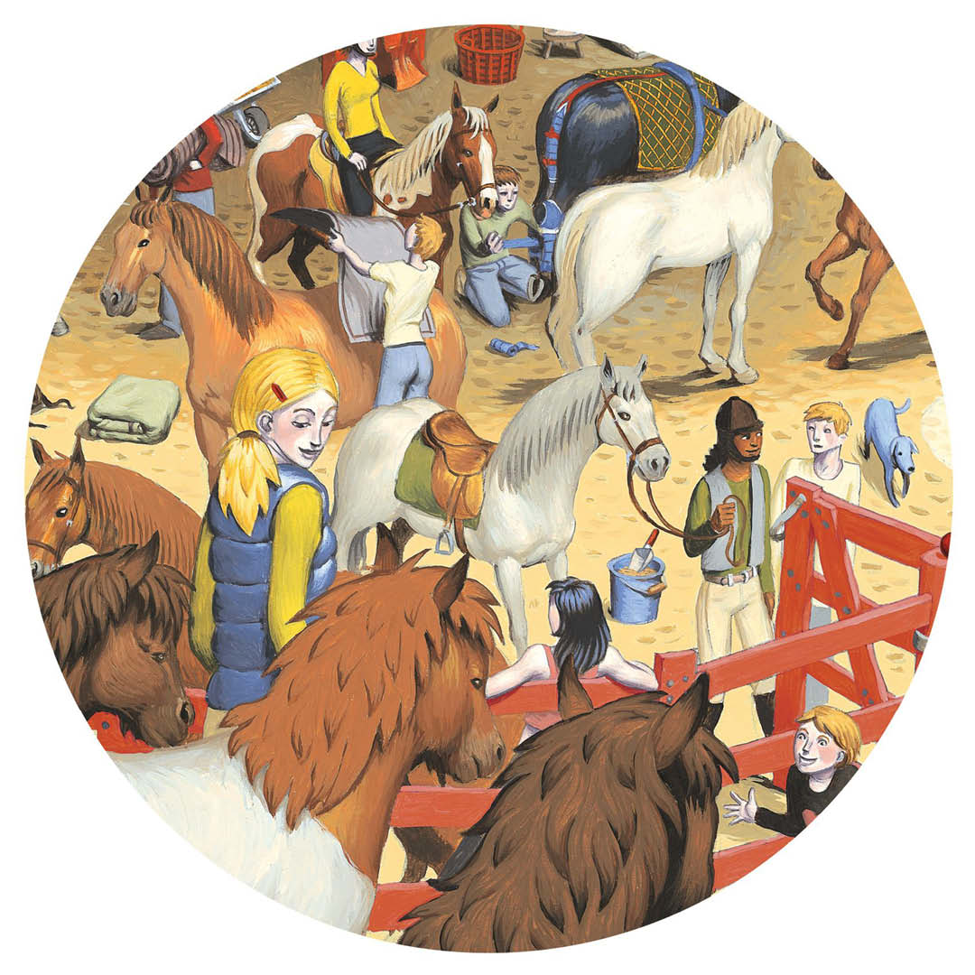 Detail van de puzzelafbeelding met mensen die paarden verzorgen op een boerderij.