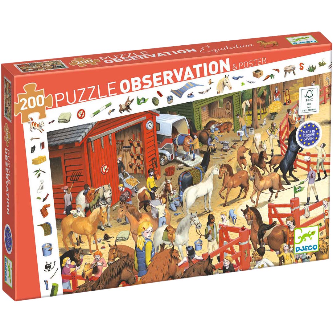 Djeco puzzelverpakking met een illustratie van een drukke paardenboerderij.