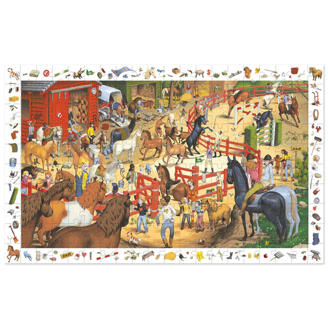 De complete Djeco observation legpuzzel toont een levendige paardenboerderij met veel mensen en paarden.