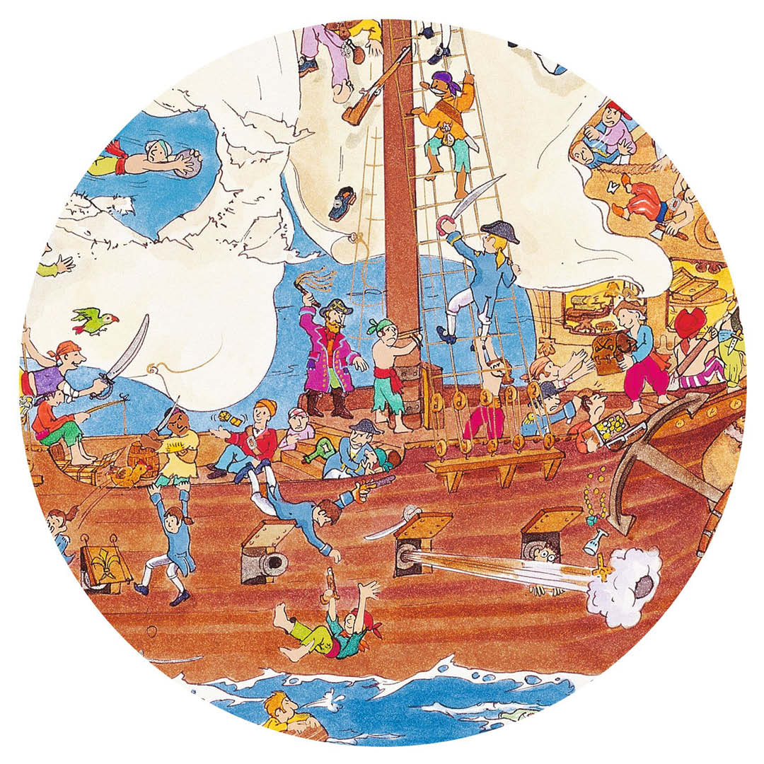 Detail van de piraten legpuzzel, met vechtende piraten op het dek van een schip.