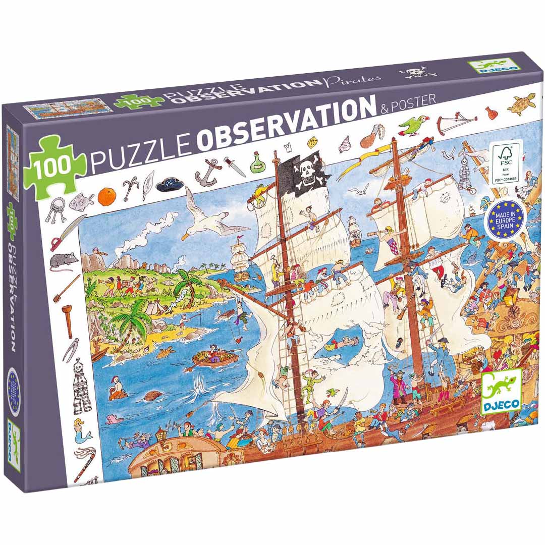 Djeco legpuzzel 'Observation Piraten' in de verpakking, schuin van bovenaf gefotografeerd.