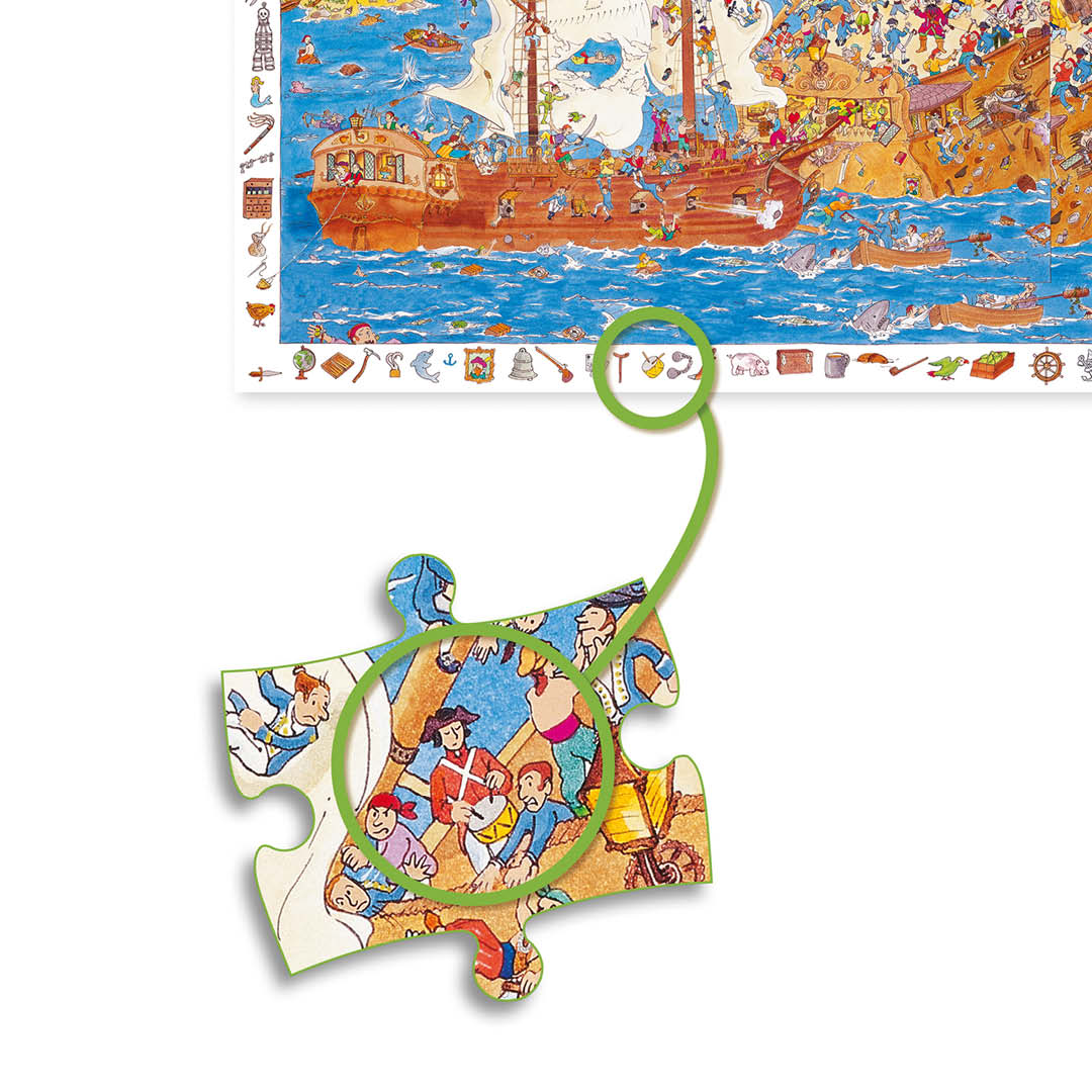 Een losse puzzelstukje van de piraten legpuzzel, met een detail van de scène en een groene lijn die de locatie op de complete puzzel aangeeft.