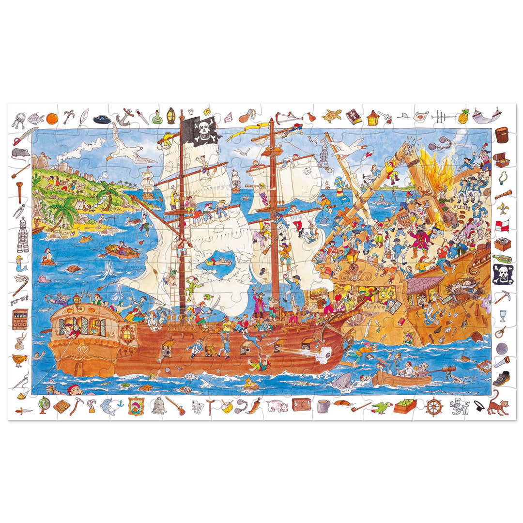 De complete Djeco legpuzzel 'Observation Piraten' met een gedetailleerde piratenscène en zoekplaatjes aan de rand.
