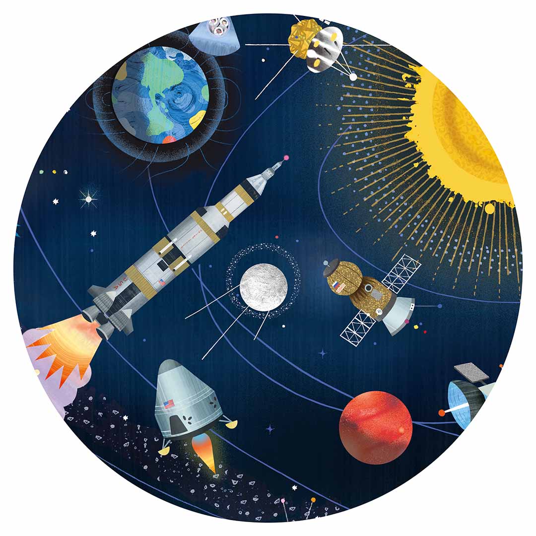 Detail van de Djeco legpuzzel met een raketlancering, de aarde, de zon en satellieten in de ruimte.
