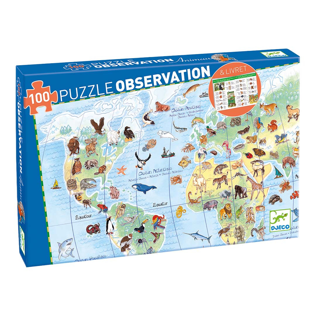 Djeco legpuzzel 'Observation' met werelddieren op een wereldkaart, in de verpakking.