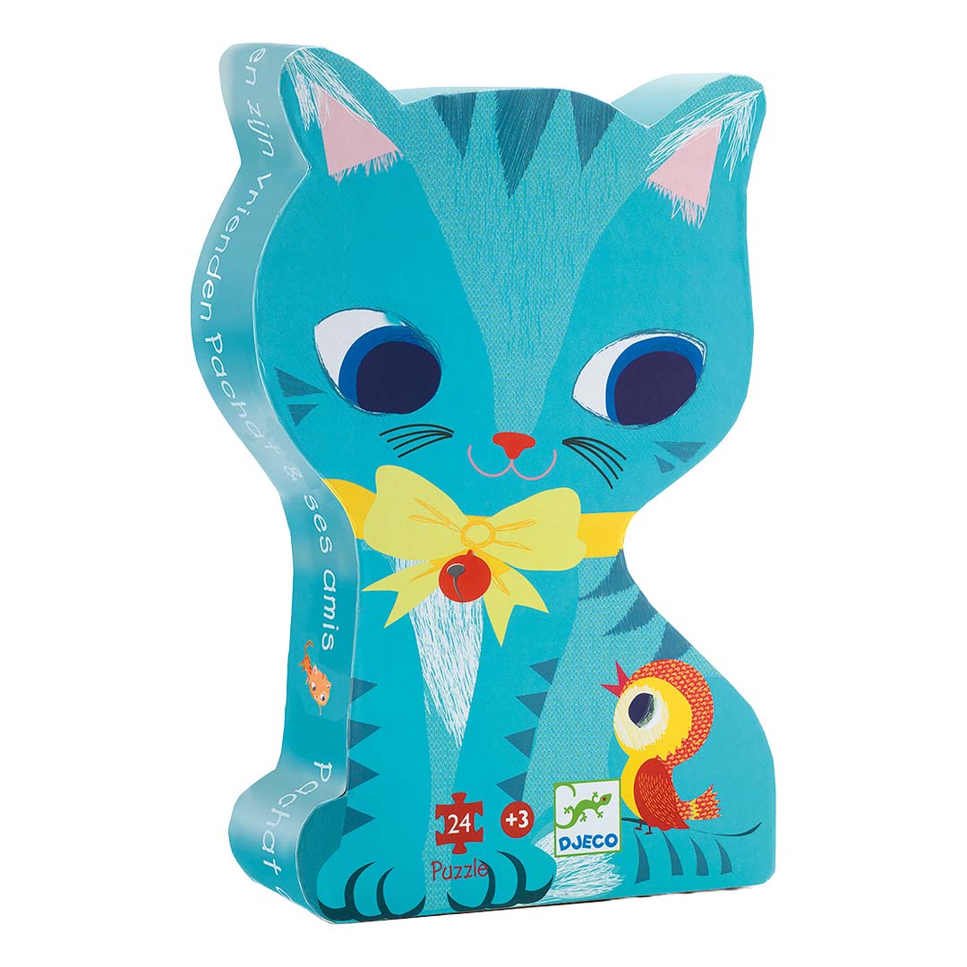 Djeco puzzelverpakking in de vorm van een blauwe kat met gele strik en de titel 'Pachat & ses amis'.