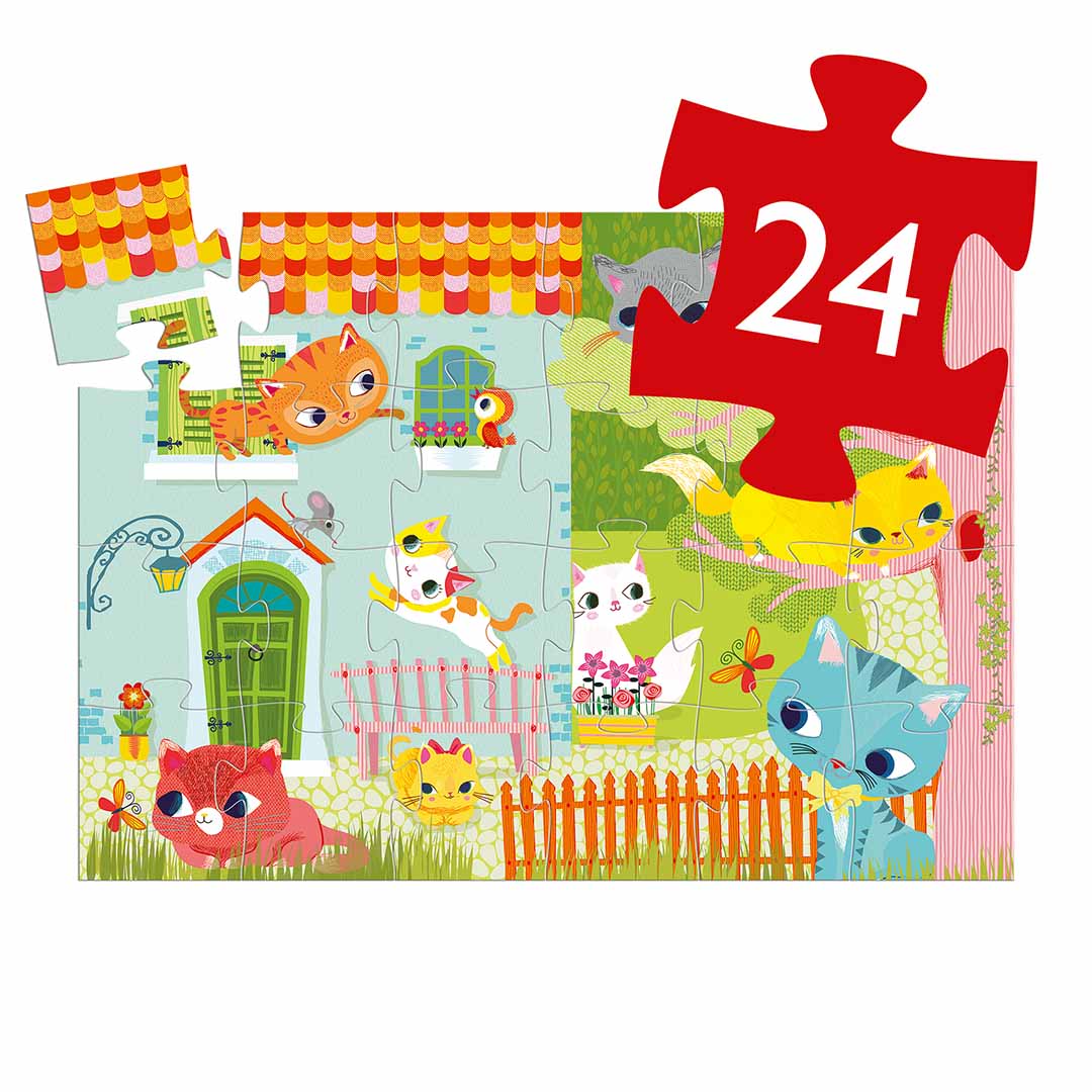 Infographic van de Djeco legpuzzel met katten, waarop een groot rood puzzelstukje het aantal van 24 stukjes aangeeft.
