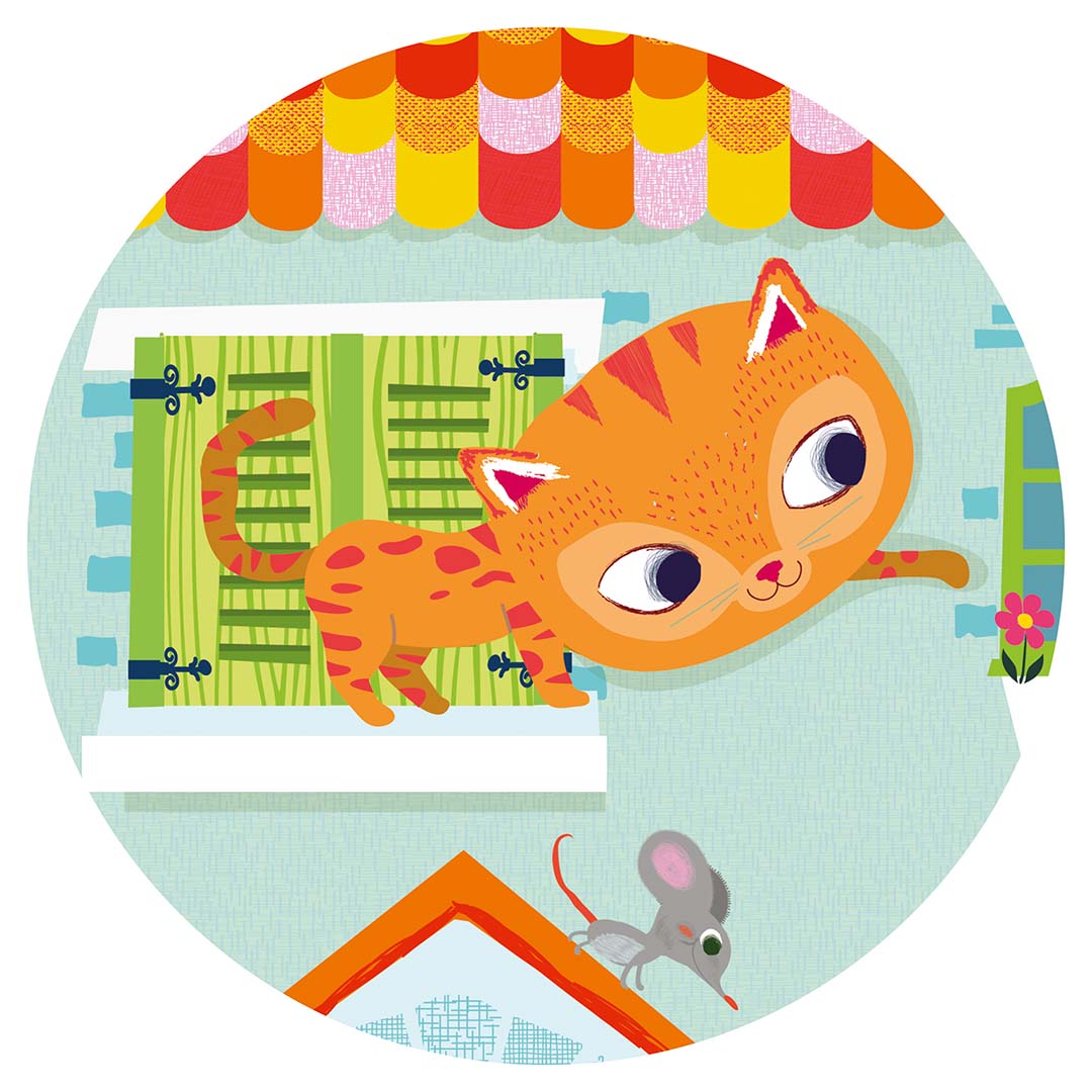 Detail van de Djeco legpuzzel met een oranje kat die uit een groen raam kijkt en een muis op het dak.