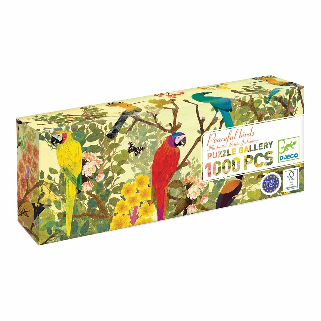 Verpakking van de Djeco legpuzzel 'Peaceful Birds' met kleurrijke vogels en bloemen.