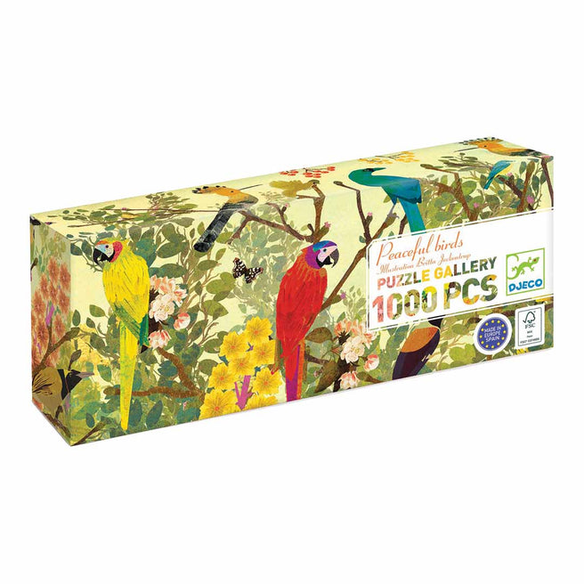 Verpakking van de Djeco legpuzzel 'Peaceful Birds' met kleurrijke vogels en bloemen.