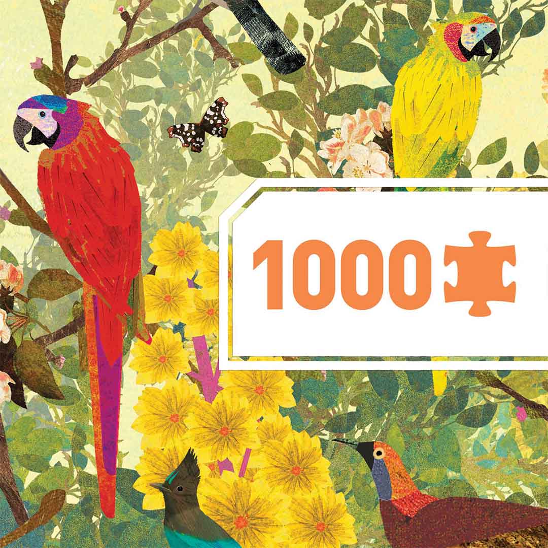 Detail van de Djeco legpuzzel 'Peaceful Birds' met rode en gele papegaaien en het aantal stukjes 1000.