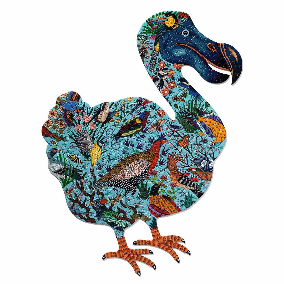 Djeco legpuzzel in de vorm van een dodo, gevuld met kleurrijke vogels en planten.