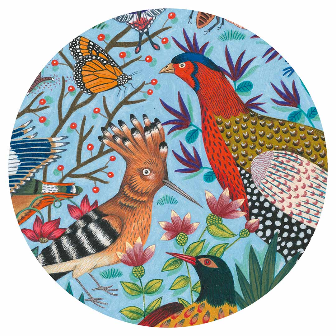 Detail van de Djeco dodo legpuzzel met een hoppe, fazantachtige vogel, vlinder en bloemen.