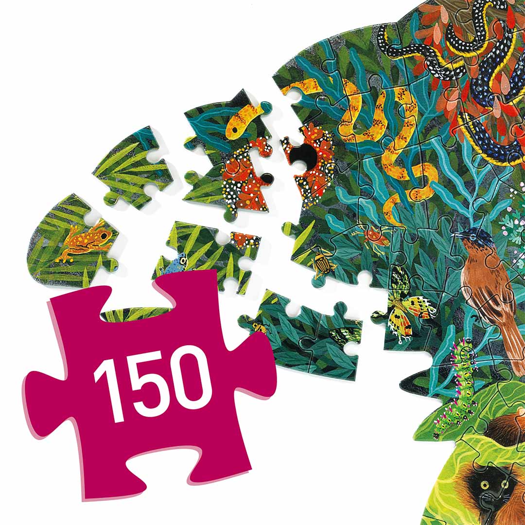 Detail van de kameleon contourpuzzel met losse stukjes en een groot roze stuk met het getal 150.