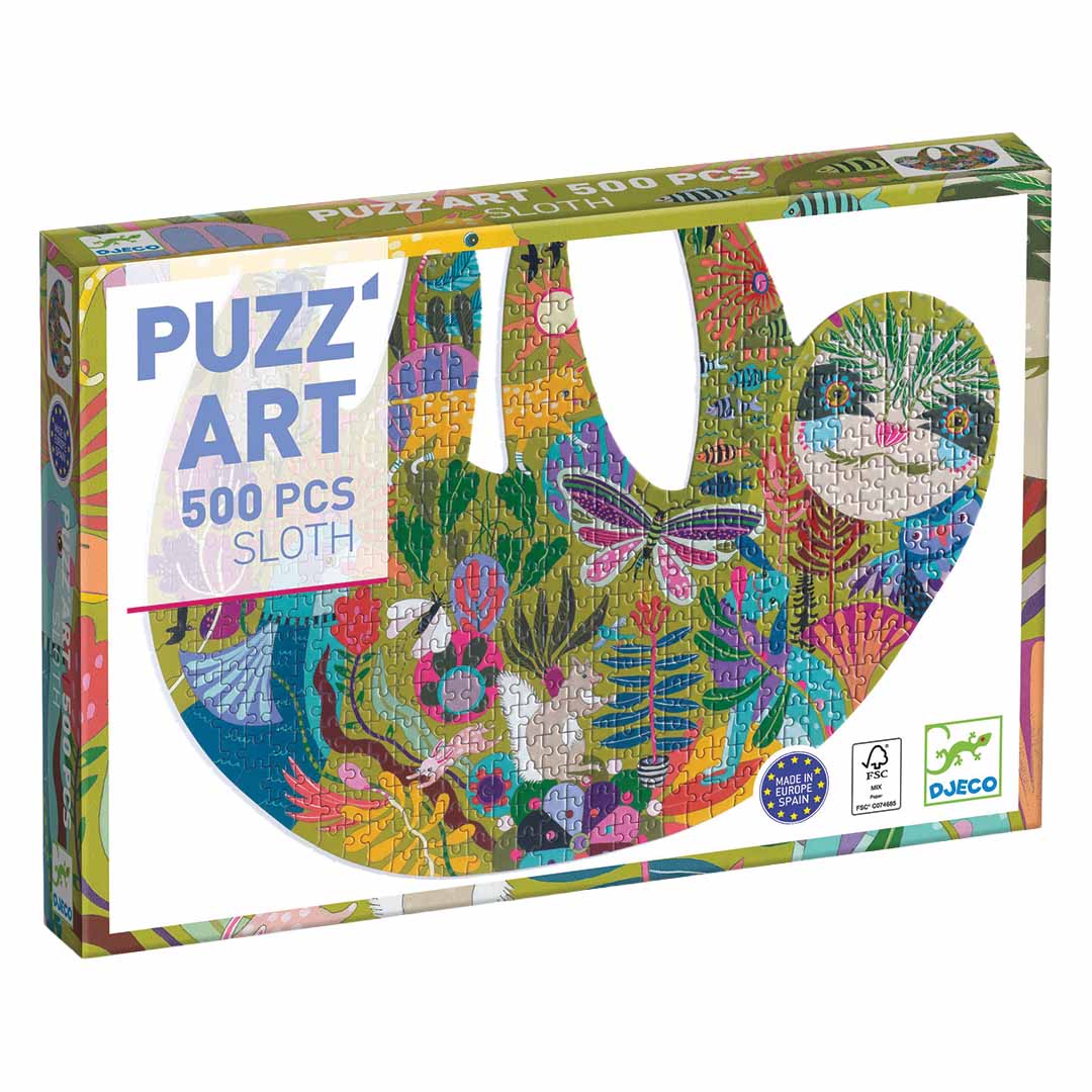 Djeco Puzz'Art 500-delige luiaard legpuzzel in de verpakking.