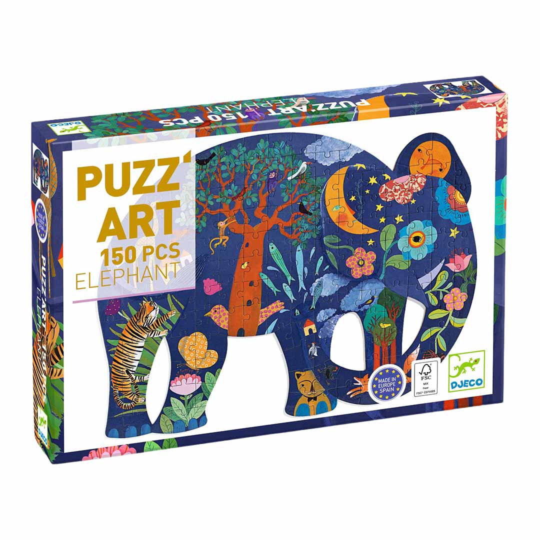 De verpakking van de Djeco Puzz'Art olifant legpuzzel met de afbeelding van de complete puzzel.