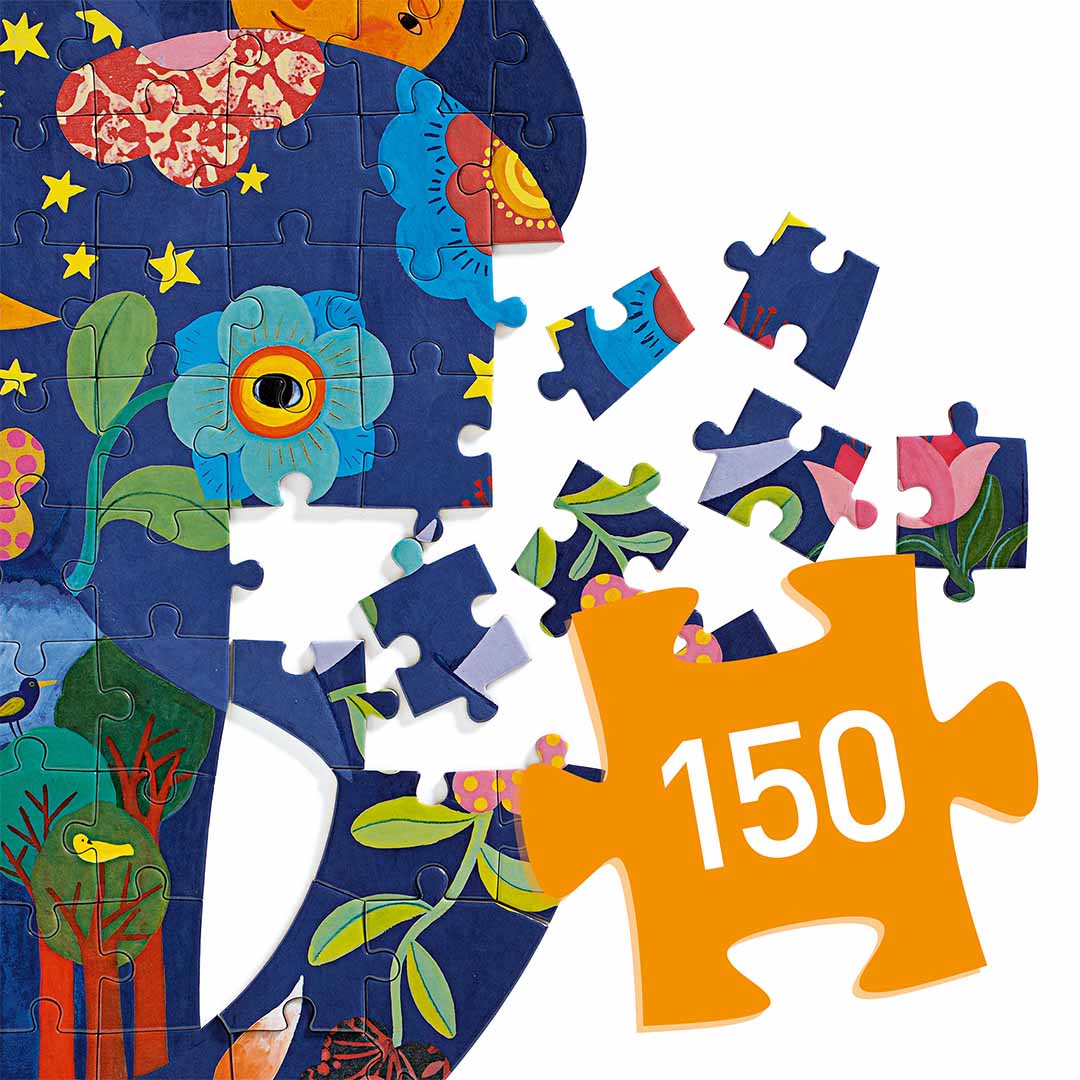 Detail van de Djeco Puzz'Art olifant legpuzzel met losse en verbonden stukjes en een oranje stuk met het getal 150.