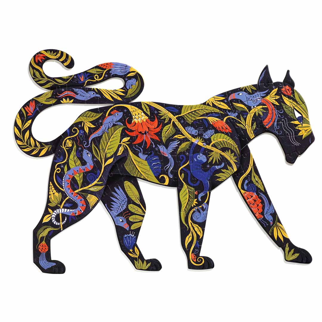 Djeco Puzz'Art contourpuzzel van een panter met een kleurrijk junglepatroon.