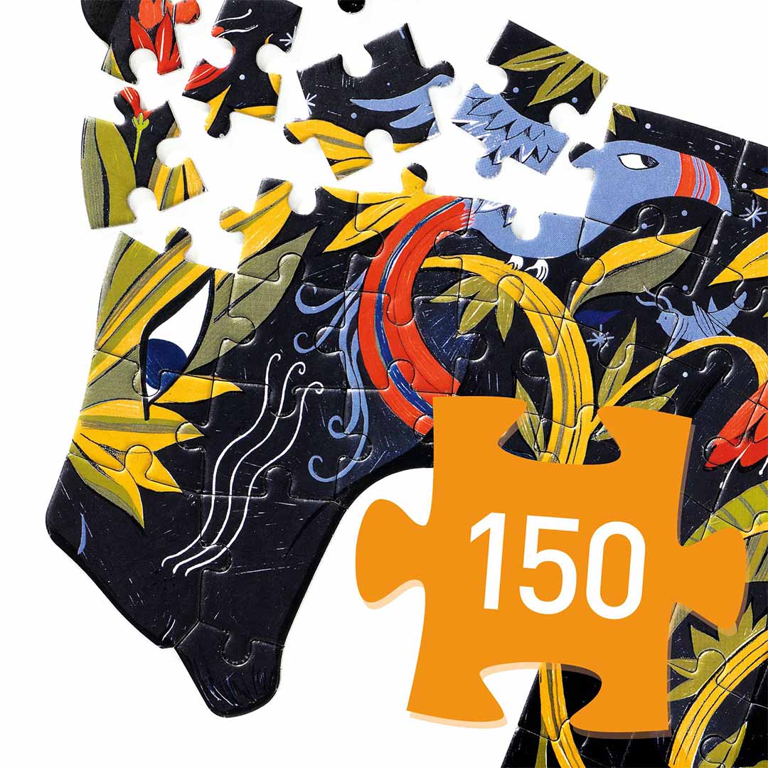 Detail van de Djeco panter puzzelkop met losse stukjes en een overlay van een puzzelstukje met het getal 150.